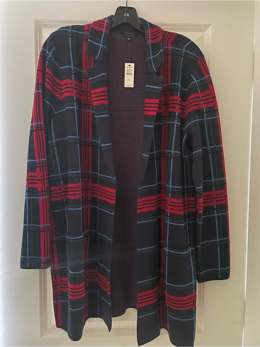 Talbots Navy Plaid Open-Front Long Cardigan Jacket - Red & Blue NWT